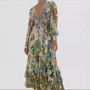 Disney Snow White Floral Boho Maxi Dress – V-Neck Long Sleeve Fairytale Print M
